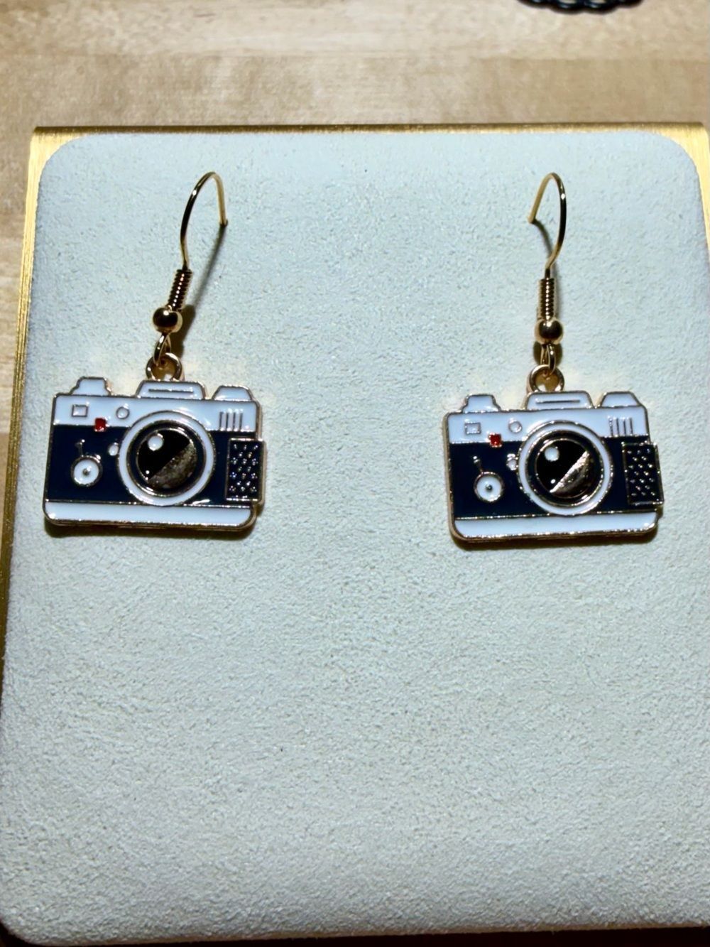 Camera Charm Dangle Earrings - Black & White